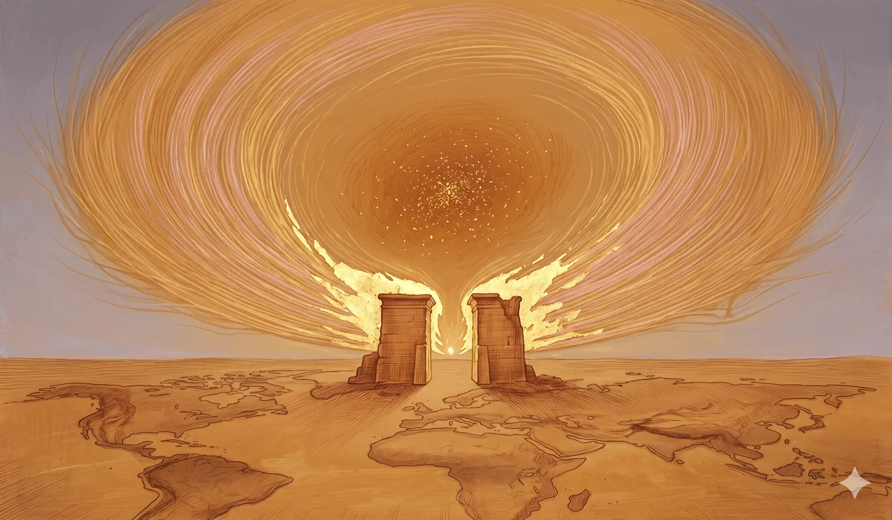 A faint horizontal scene of a luminous golden plasma layer spreading outward from a desert gate region at dawn, with abstract geographic outlines rendered as faint contour lines