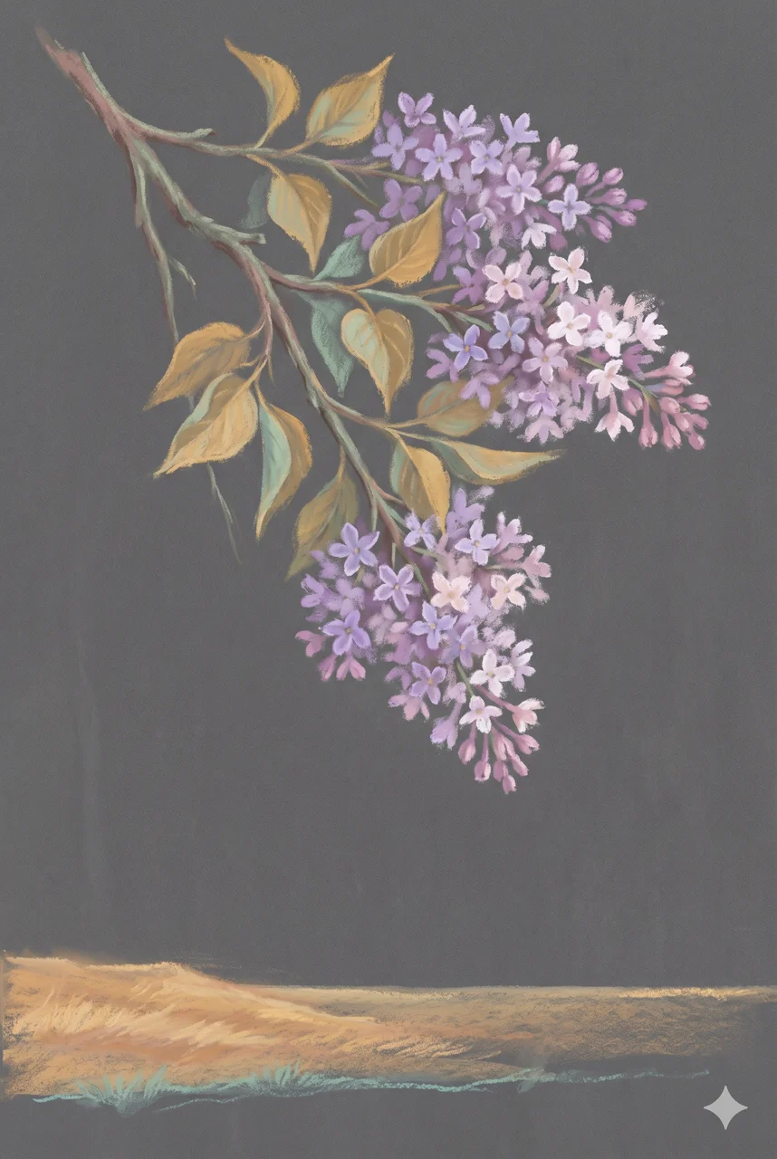 A faint vertical structure of a lilac branch bearing fresh blooms in an autumn-light frame, with a distant desert horizon turning thin green at its base, rendered as faint contour outlines