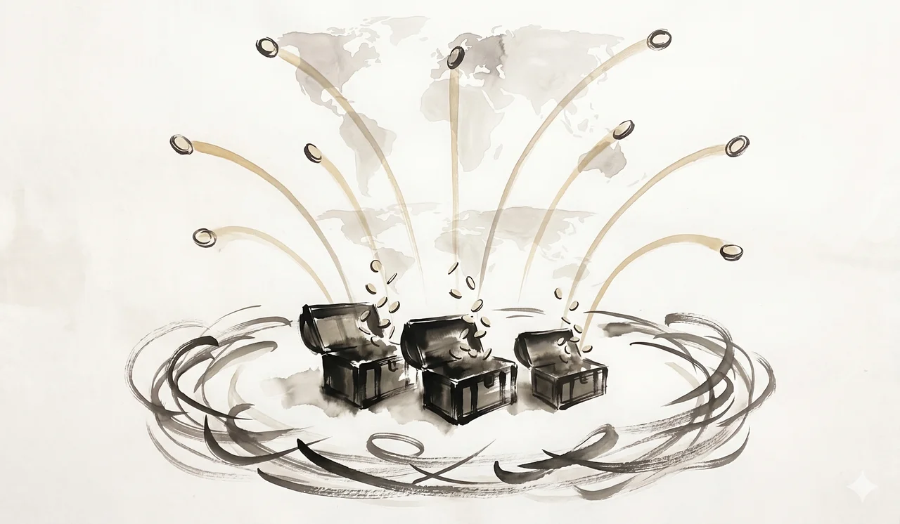 A faint horizontal scene of three weathered treasure chests partially set into earth, with seven coins radiating outward in arcs toward a faint world-map silhouette, surrounding shadow forms circling at the periphery, rendered as faint contour outlines