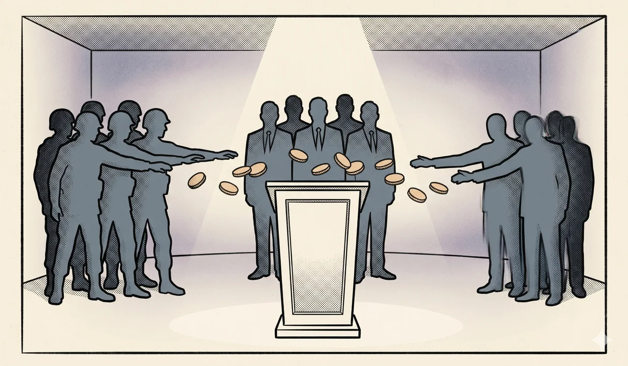 A faint horizontal scene of a UN-style assembly podium in soft front light, with shadow figures arrayed behind the dais reaching toward floating credit tokens, rendered as faint contour outlines