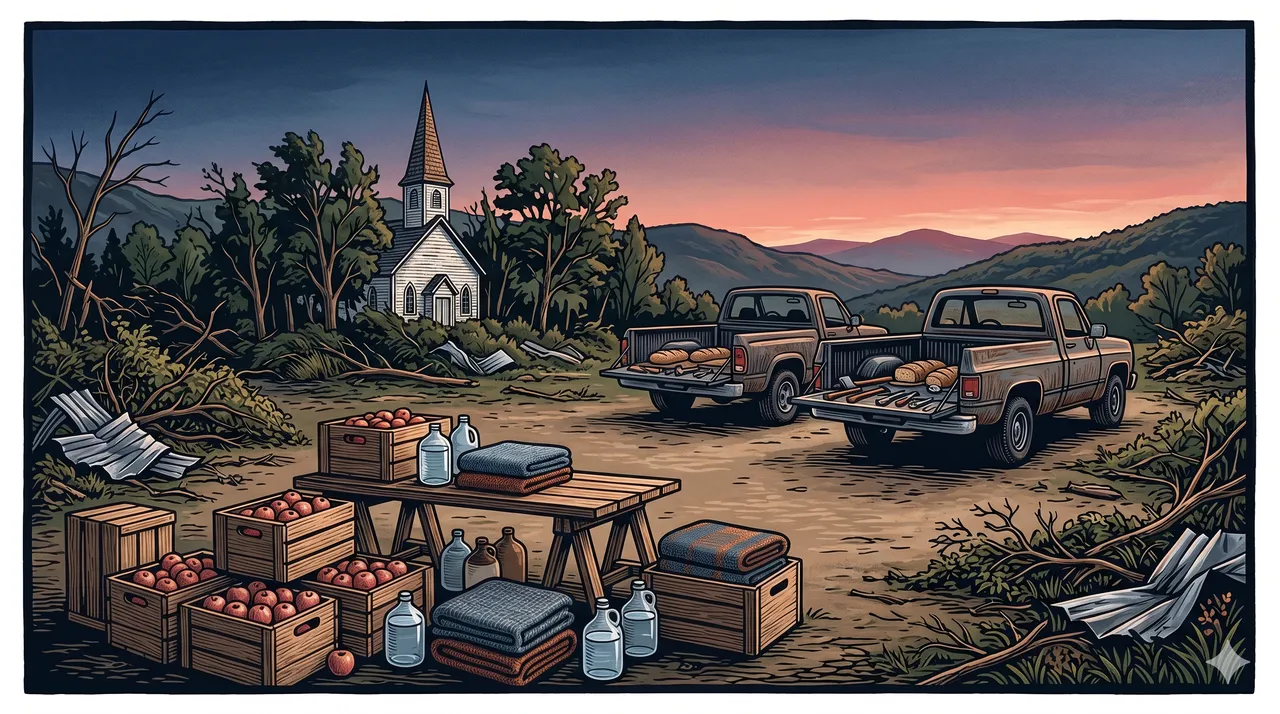 A faint scene of community gathering with food crates and quiet figures around a clearing in storm debris, rendered in soft contour outlines against a midnight indigo gradient