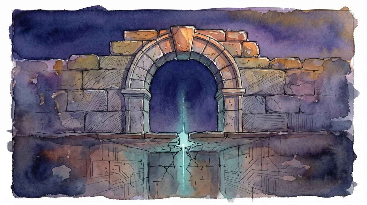A faint stone gate archway with subtle subterranean glow beneath, rendered in soft contour outlines against a midnight indigo gradient