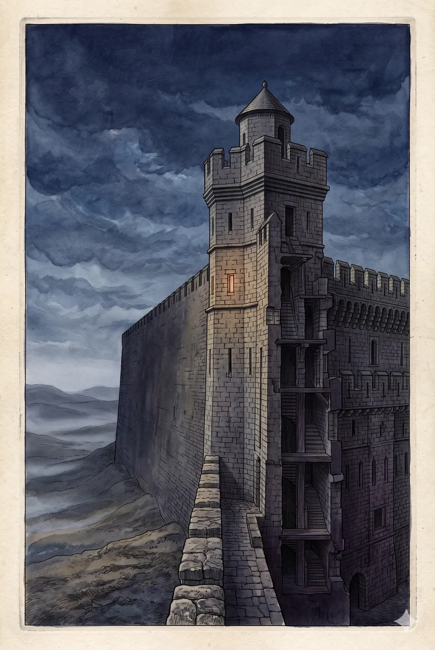 A faint sectional view of a wall and tower with the lookout slits facing inward, rendered in soft contour outlines against a midnight indigo gradient