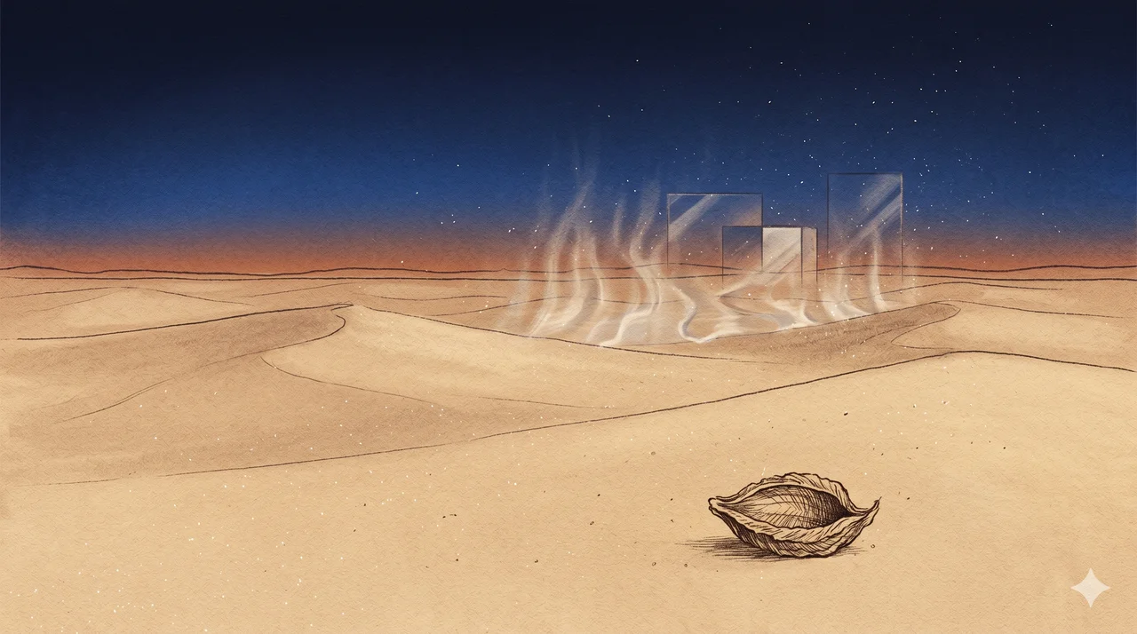 A faint desert horizon with shimmering distortion suggesting a mirage of water, rendered in soft contour outlines against a midnight indigo gradient