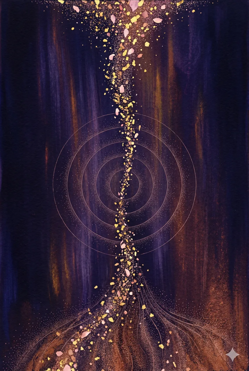 A faint vertical flow of soft light particles descending from an unseen source into a faint human figure outline, rendered in soft contour outlines against a midnight indigo gradient