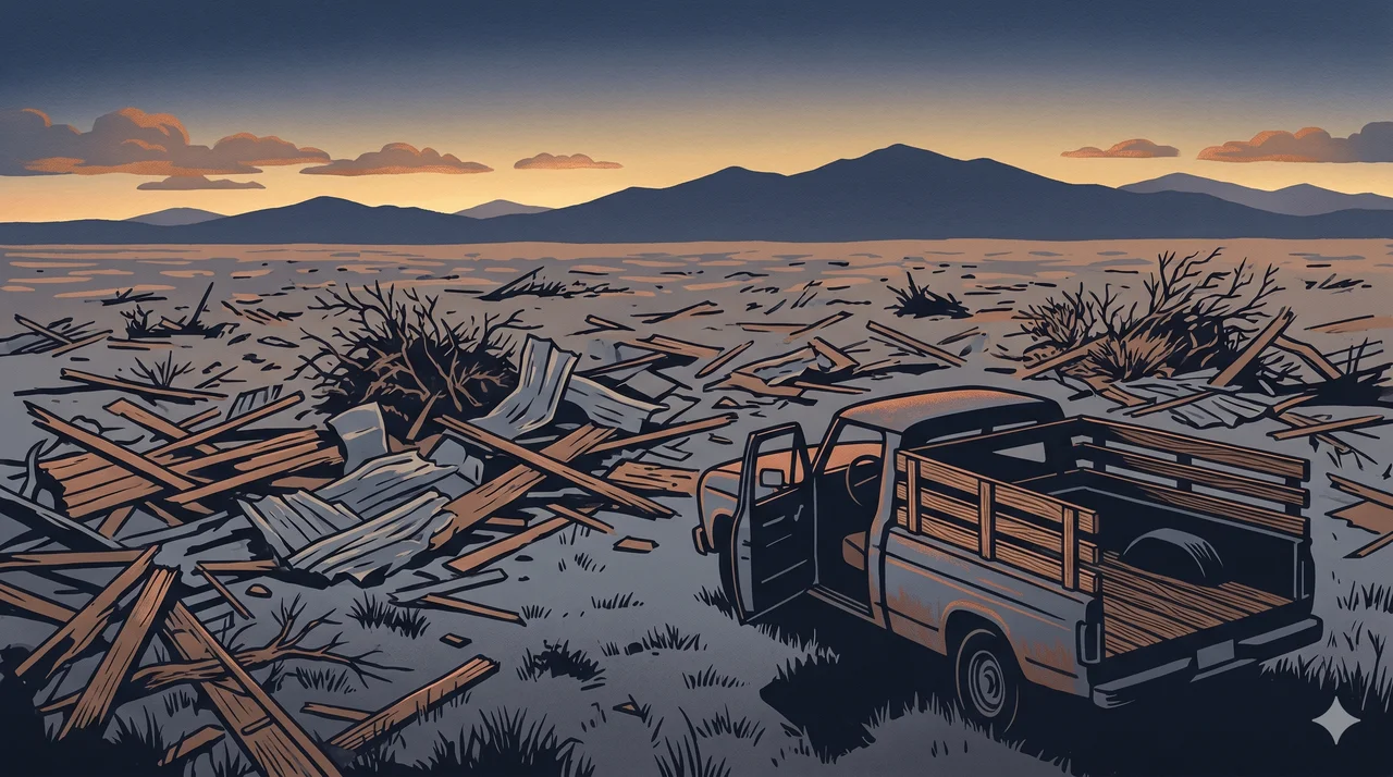 A faint scene of a vacant utility truck parked at the edge of a debris field, rendered as faint contour outlines against a midnight indigo gradient