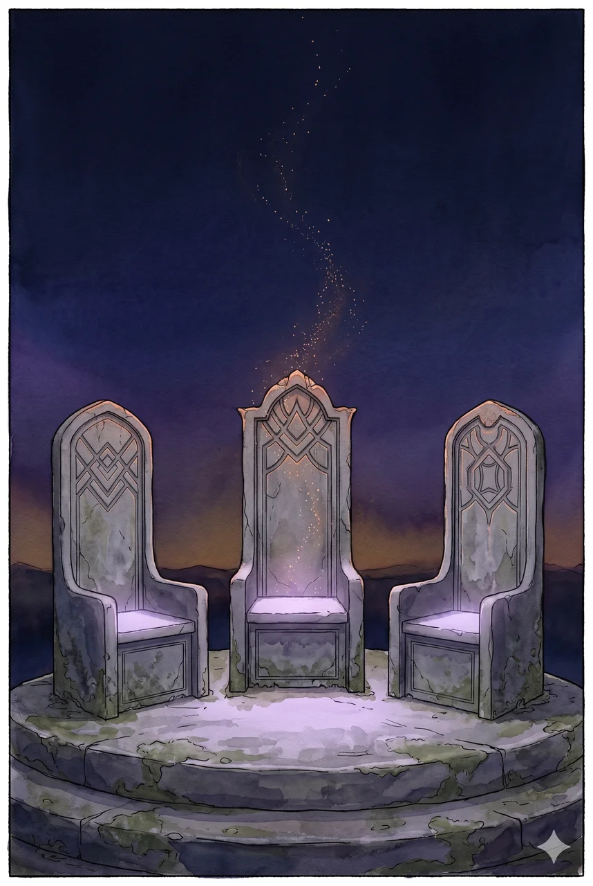 A faint sectional view of three empty seats or thrones arranged in an arc, suggesting departure, rendered as faint contour outlines against a midnight indigo gradient