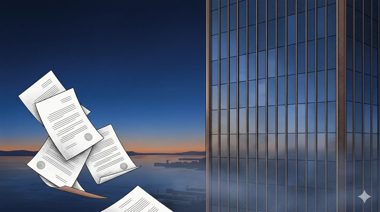 A faint suggestion of a glass tower facade with delicate paper documents floating in the foreground, rendered as faint contour outlines against a midnight indigo gradient