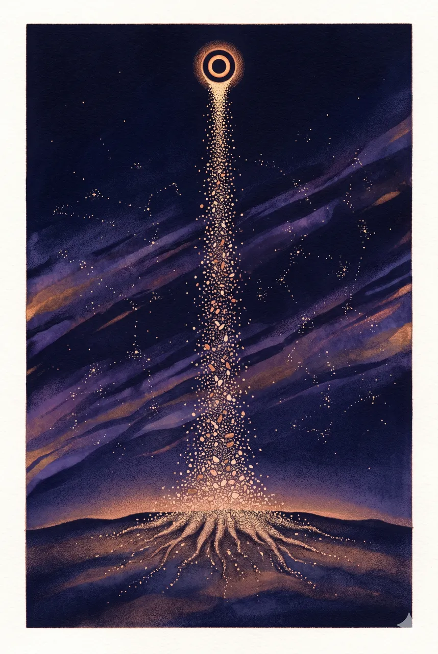 A faint vertical descent of soft light particles from an unseen aperture above into an open horizon below, rendered as faint contour outlines against a midnight indigo gradient