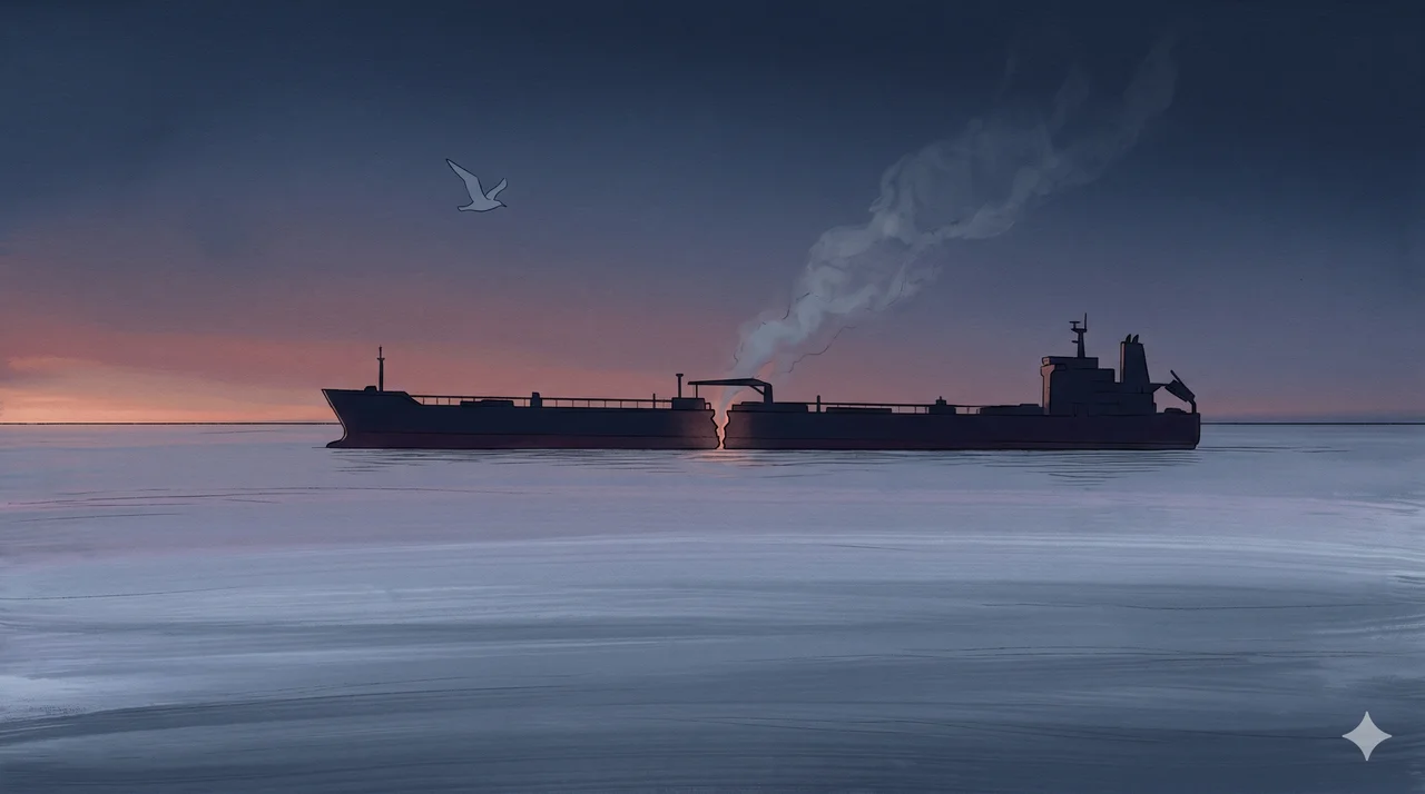 A faint silhouette of a tanker hull with a discontinuity midship suggesting a recent rupture, calm ocean horizon line behind, rendered as faint contour outlines against a midnight indigo gradient