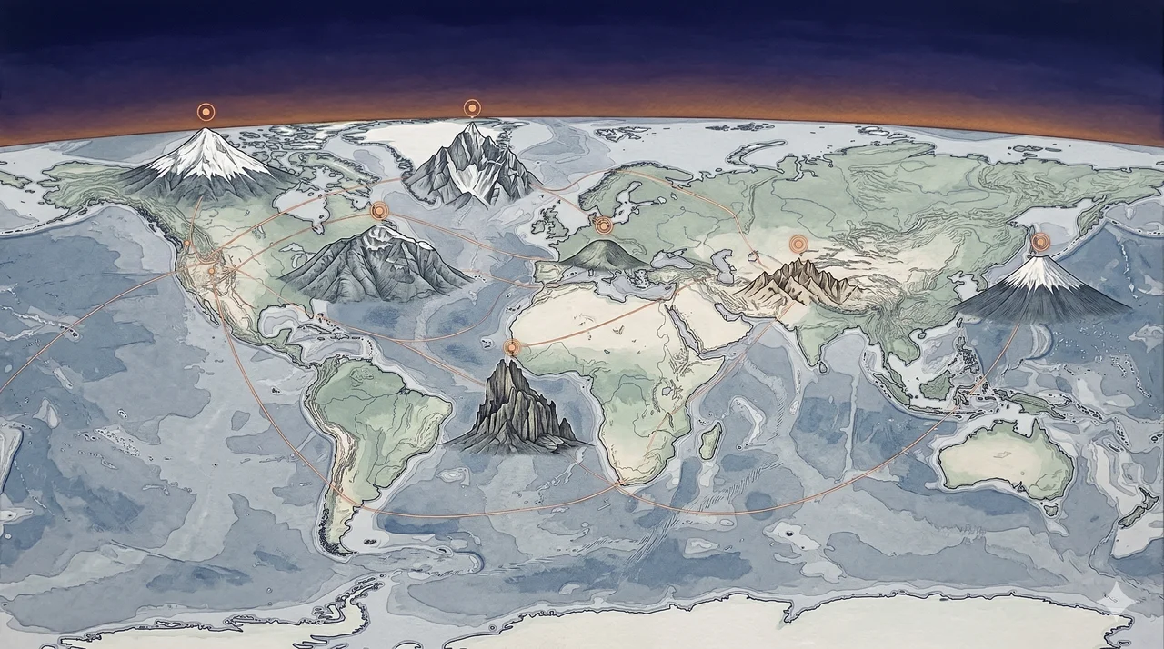 A faint topographical map showing mountain peaks scattered across multiple continents with subtle anchor points marked on selected summits, rendered as faint contour outlines against a midnight indigo gradient