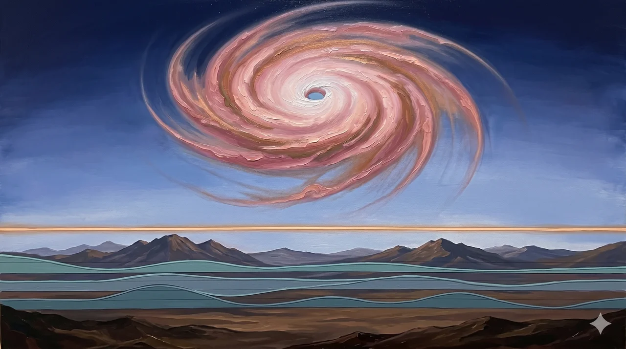 A faint hurricane spiral above a flat sensor-data curve below, two layers separated by a thin horizontal line suggesting overlay vs measurement, rendered as faint contour outlines against a midnight indigo gradient