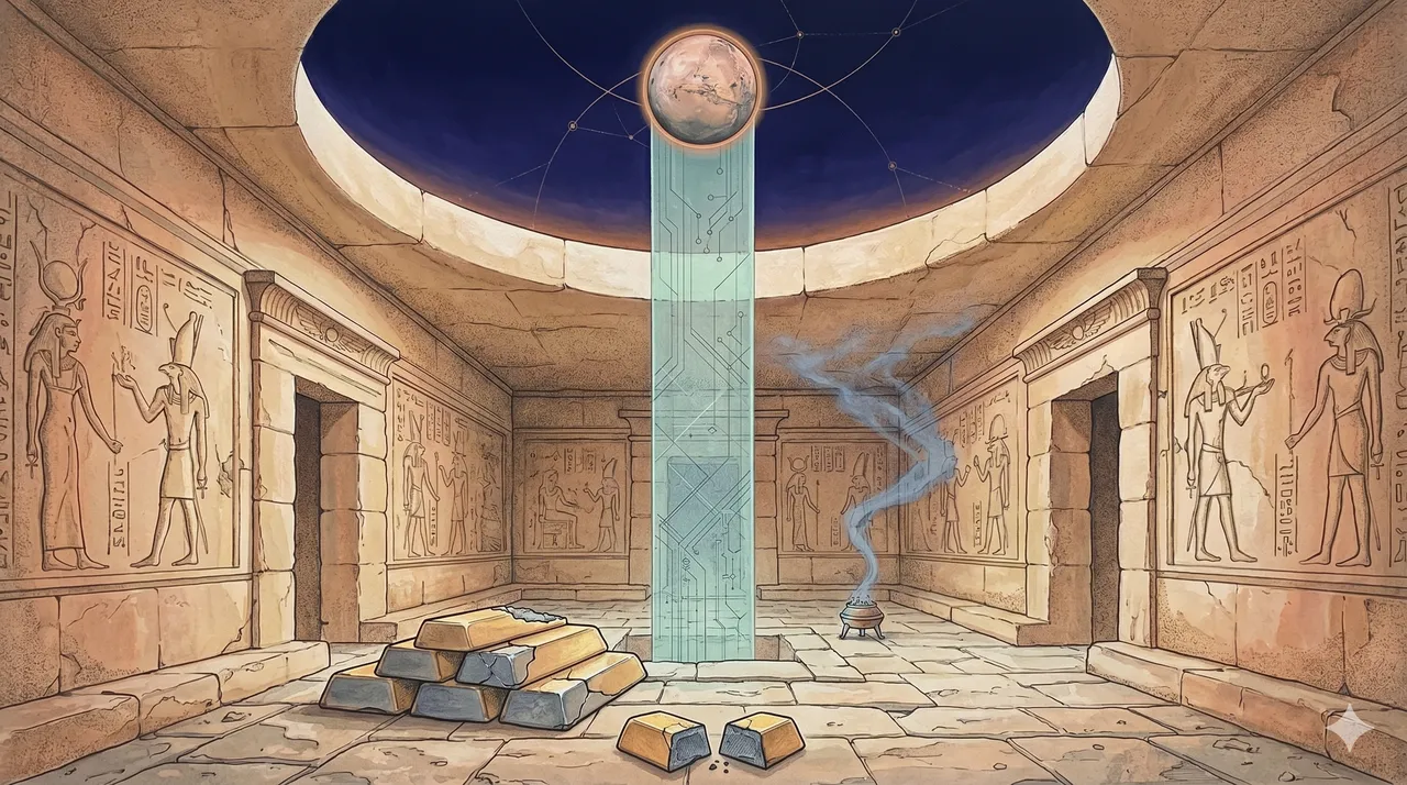 A faint cross-section of a temple interior with a vertical column rising through the ceiling toward a distant red planet above, gold-colored ingots stacked along the temple floor revealing a darker metallic core beneath the surface, rendered as faint contour outlines against a midnight indigo gradient