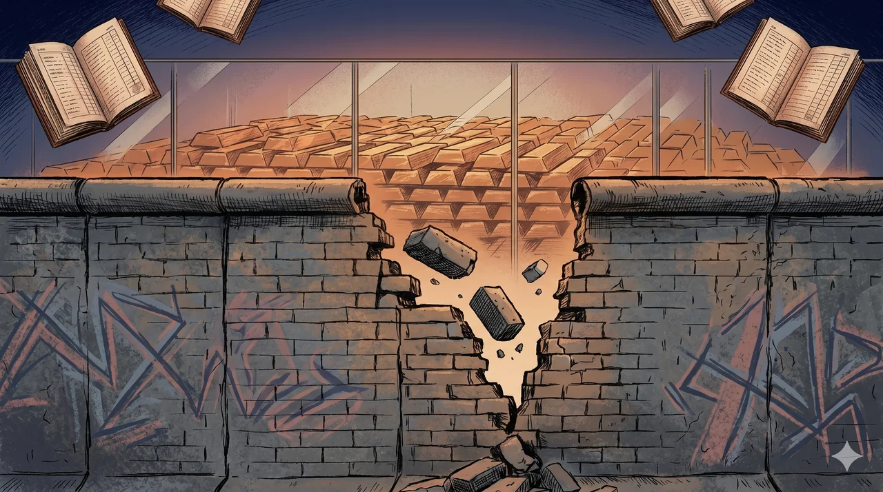A faint cross-section showing a crumbling masonry wall in the foreground with stacked ingots and ledger pages floating in the upper background, separated by a thin horizontal seam suggesting cause behind appearance, rendered as faint contour outlines against a midnight indigo gradient