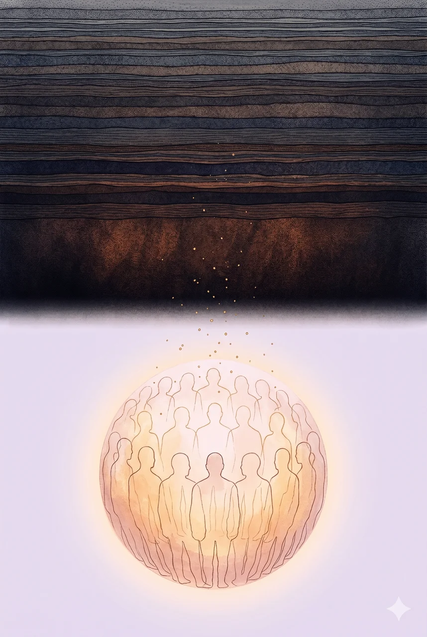 A faint vertical composition showing a deep layered cross-section descending into darkness in the upper half, transitioning into a soft luminous sphere of overlapping faint outlines in the lower half, rendered as faint contour outlines against a midnight indigo gradient