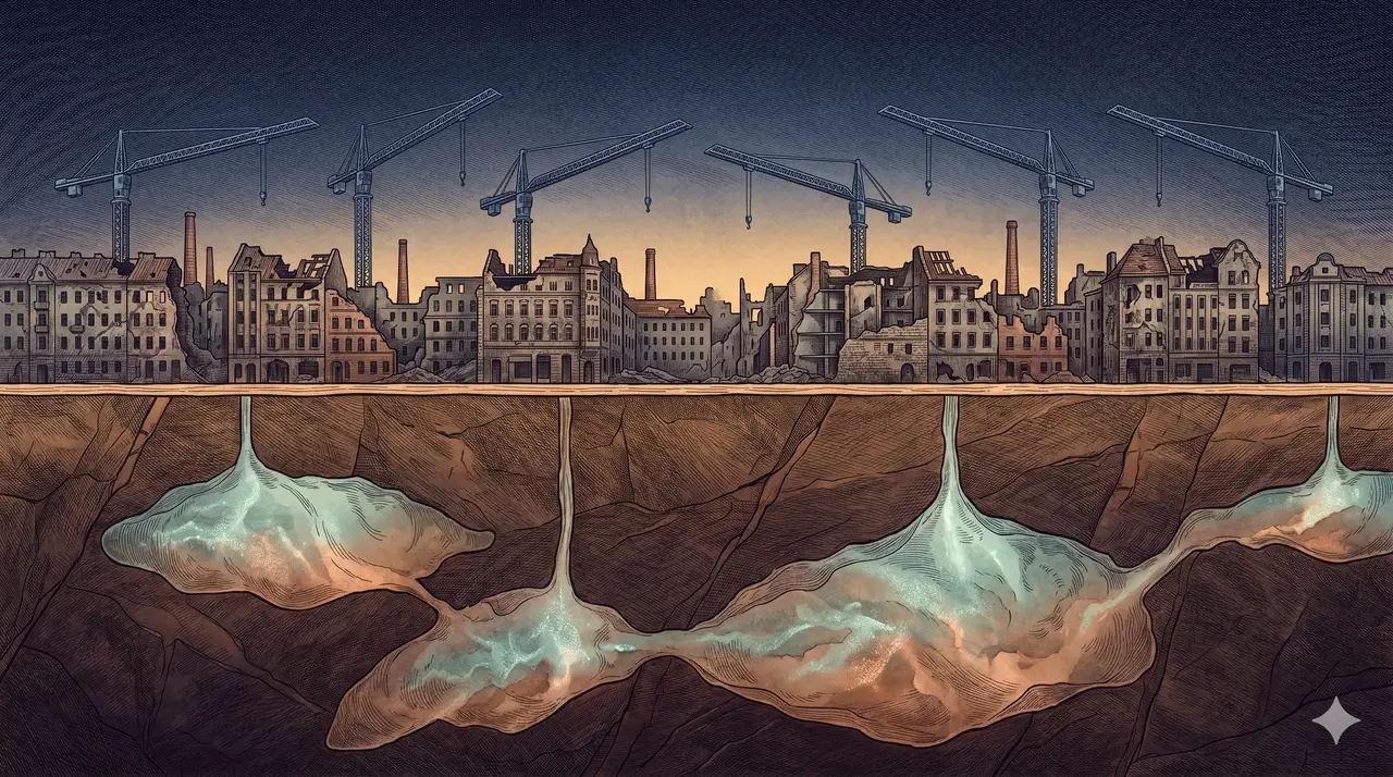 A faint cross-section showing underground natural gas reservoirs beneath an eastern European landscape, with a network of construction crane silhouettes hovering over a damaged urban skyline above, rendered as faint contour outlines against a midnight indigo gradient