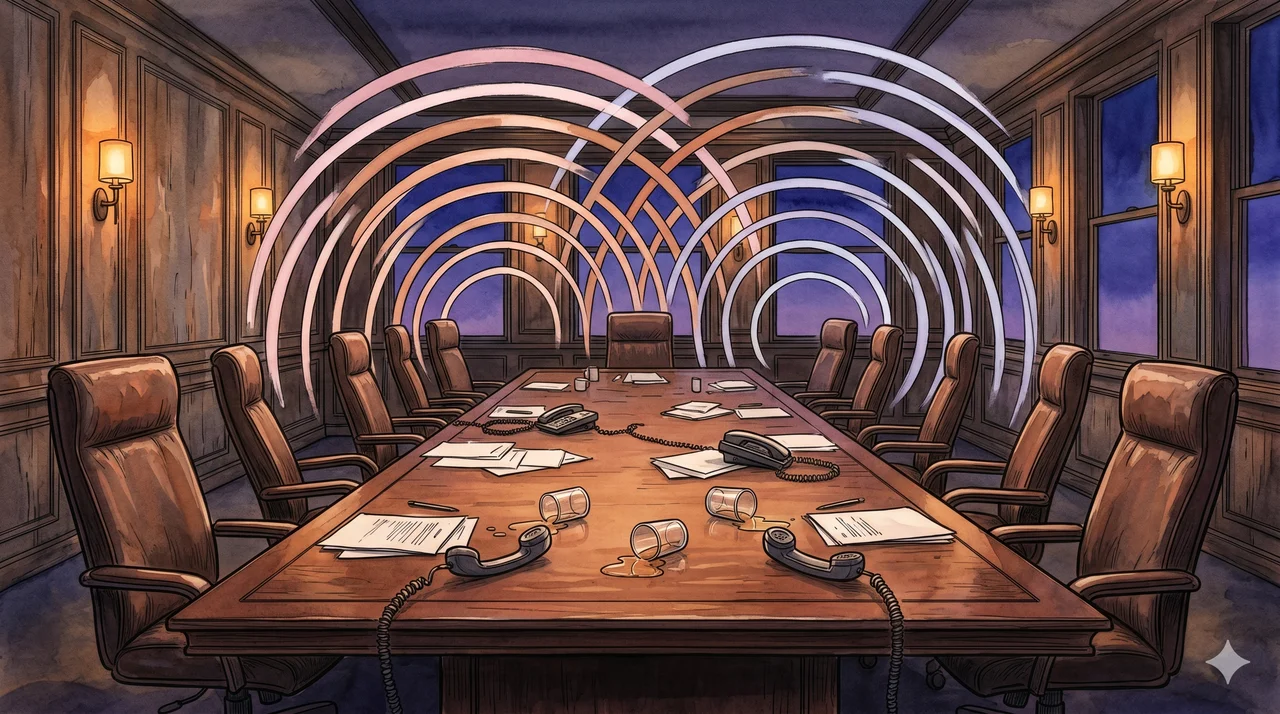 A faint depiction of a long conference table with empty chairs and scattered telephone receivers off their hooks, with abstract waveforms suggesting raised voices rising above the table, rendered as faint contour outlines against a midnight indigo gradient