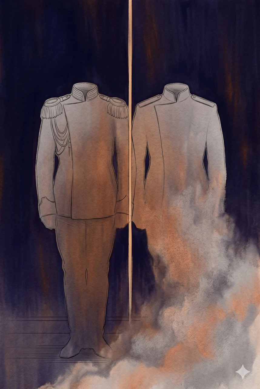 A faint vertical composition showing two overlapping silhouetted figures in military uniforms separated by a thin vertical seam, with the upper figure faded and the lower figure dissolving into smoke, rendered as faint contour outlines against a midnight indigo gradient