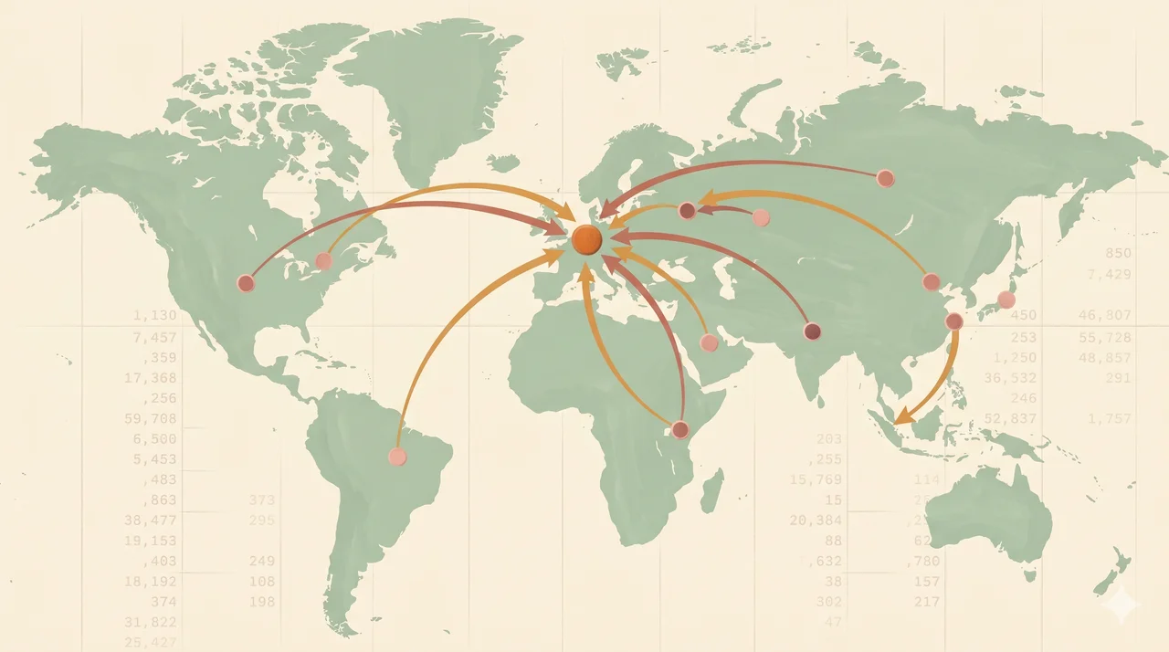 Stylized world map with a central node in Belgium and nine glowing collection facilities marked across China, Russia, Iran, Germany, Chicago, Kenya, Myanmar, Netherlands, and Scotland, connected by curving tax-flow arrows