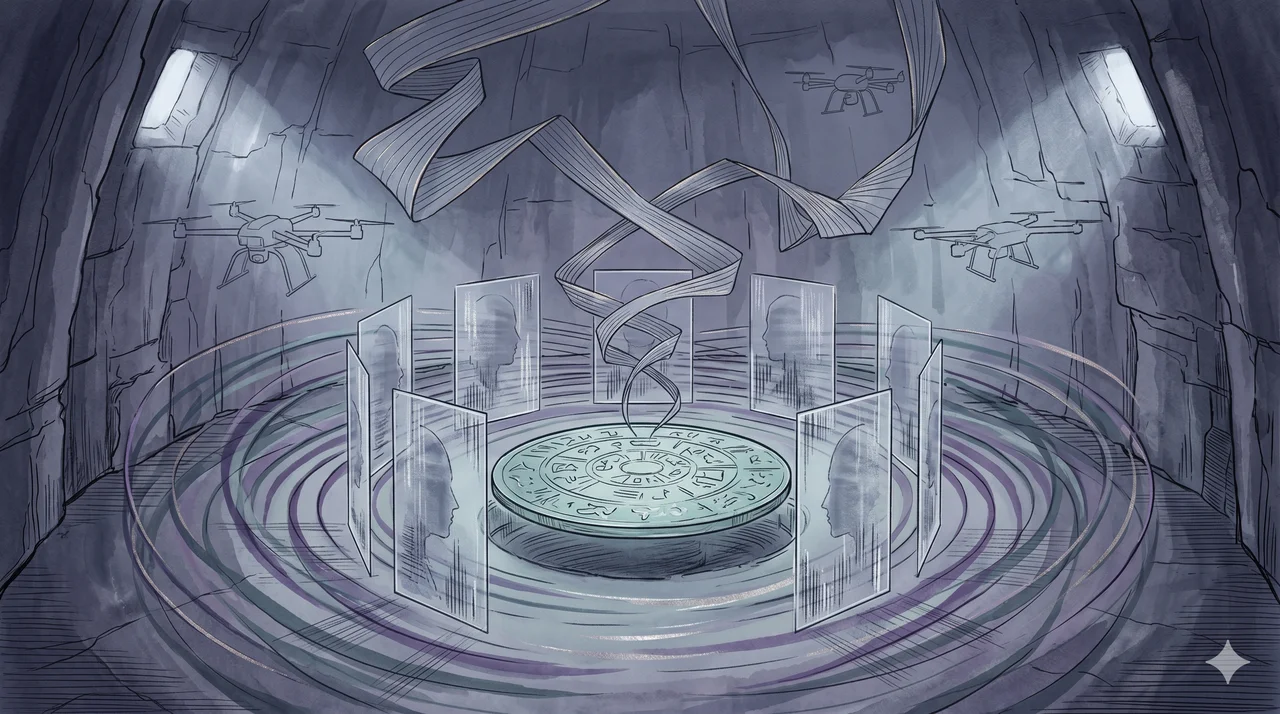 Stylized underground targeting chamber with multiple holographic figure-screens floating above a circular console, faint drone-like silhouettes, and curling waves of negative-frequency lines