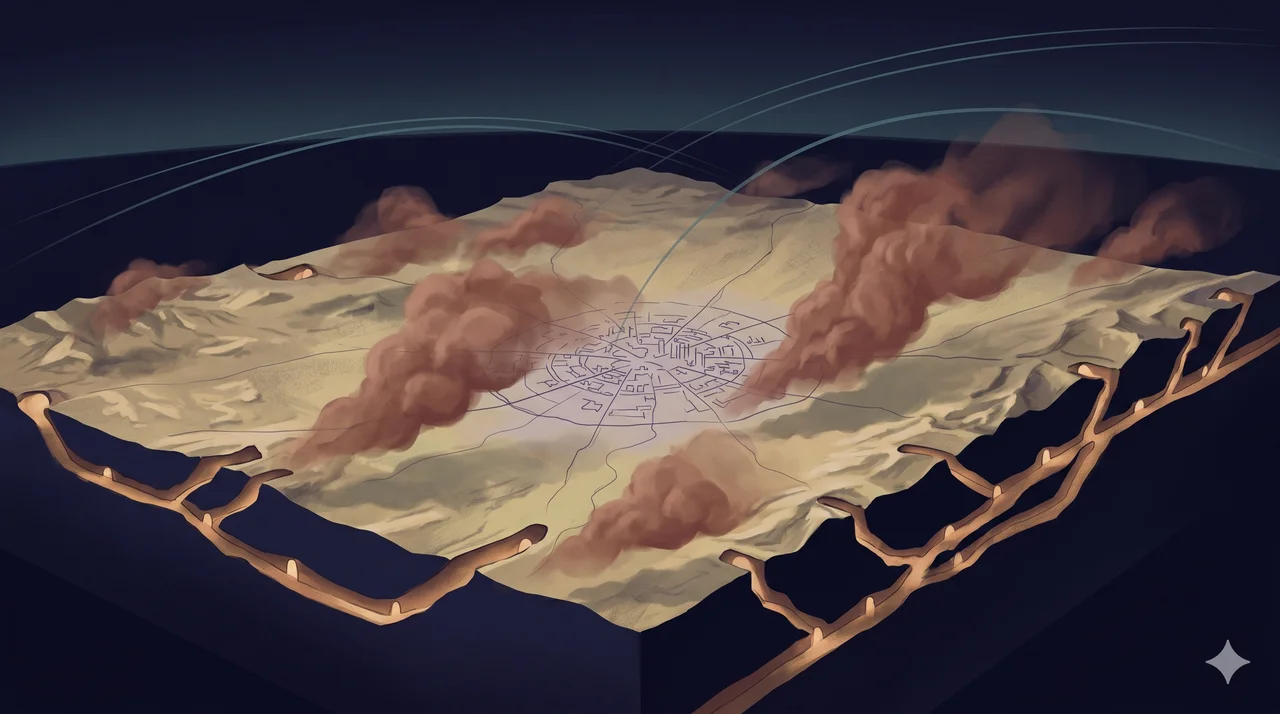 Stylized Baghdad night sky with reddish and gray sulfur clouds drifting above a schematic network of 14 underground tunnels marked along desert borders