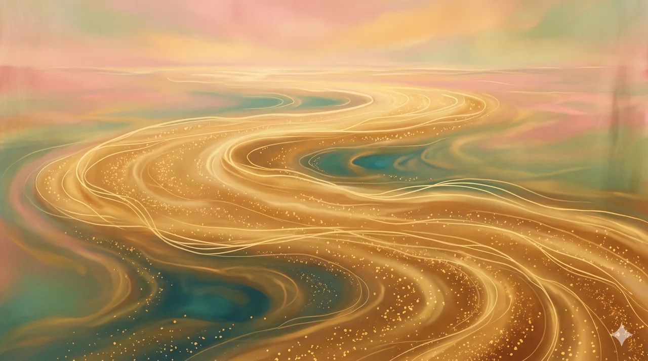 Stylized warm-toned flow of luminous current spreading outward like both a river and an open sea, suffused with golden particles standing in for Source-backed lifeforce