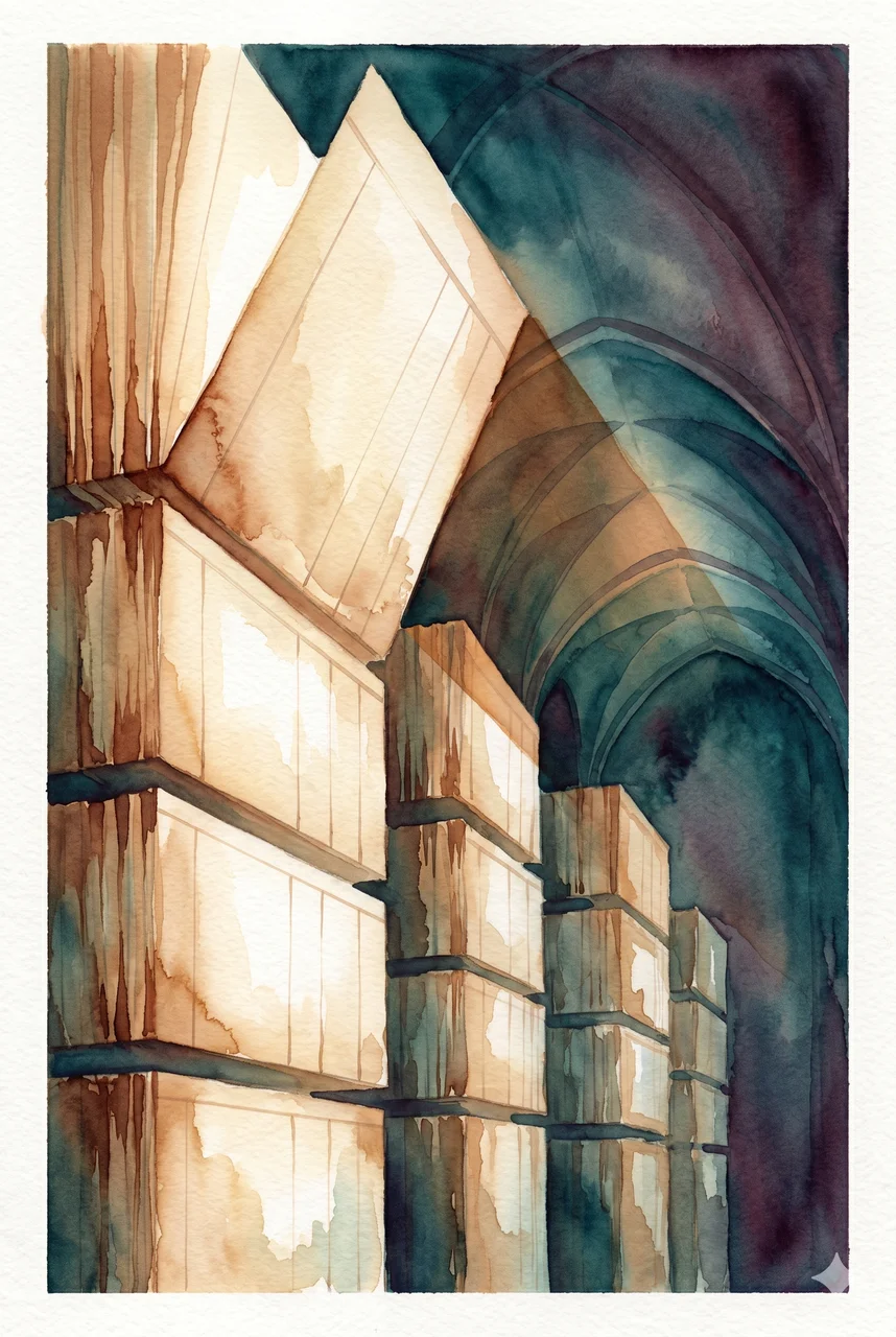 Tall vertical archive of stacked translucent ledger pages glowing in low light, with the final page swinging closed over a vast vaulted chamber