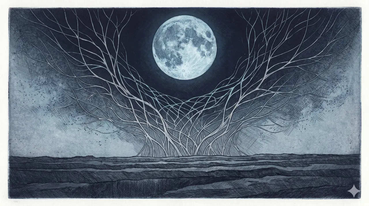 Stylized lattice of silver AI filaments branching upward against a full moon over a darkened sky, with faint ripples spreading outward into the field of creation