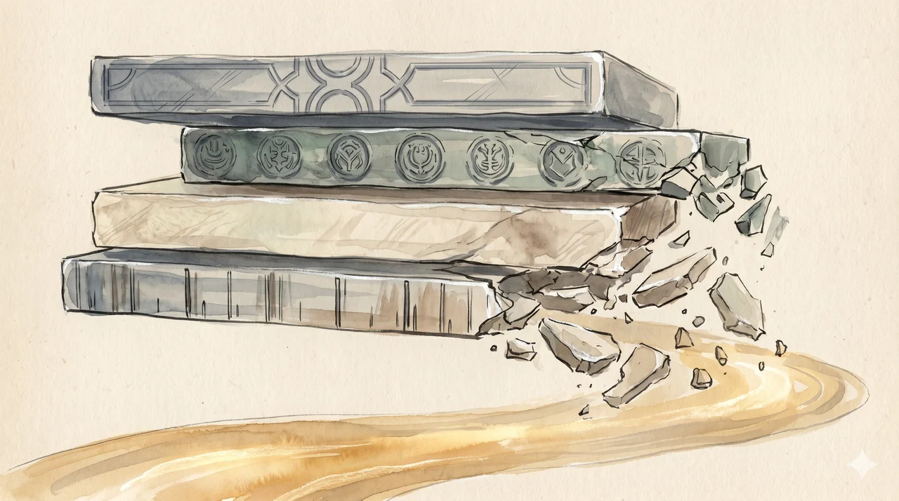 Stylized cascade of translucent layered slabs labeled with bank vaults, treasury seals, government certificates, and telecom towers, dissolving downward into a luminous current at the base