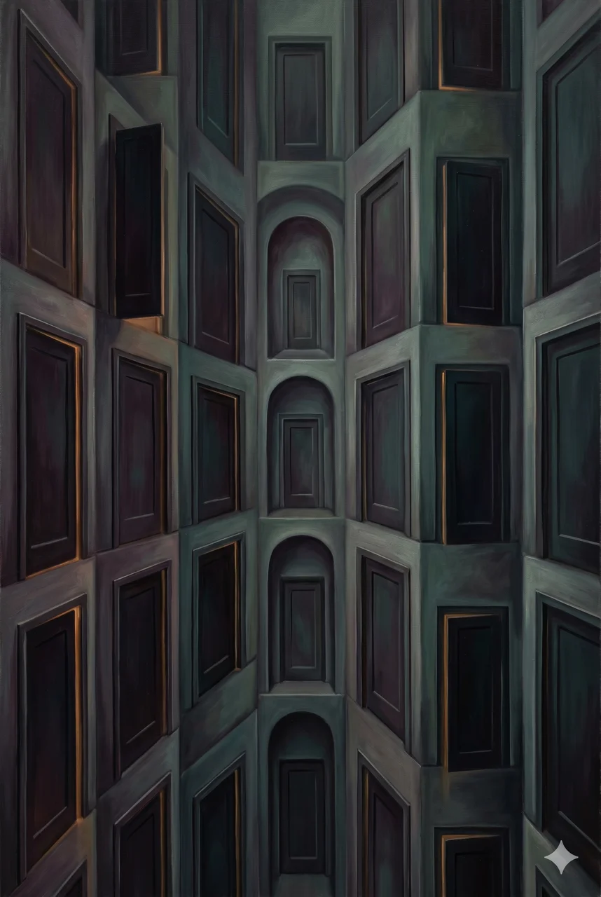 Vertical composition of a labyrinth of stylized false doors stacked upon each other, glowing softly, with small operative figures entering one door after another and never reaching an exit, set against a deep indigo backdrop