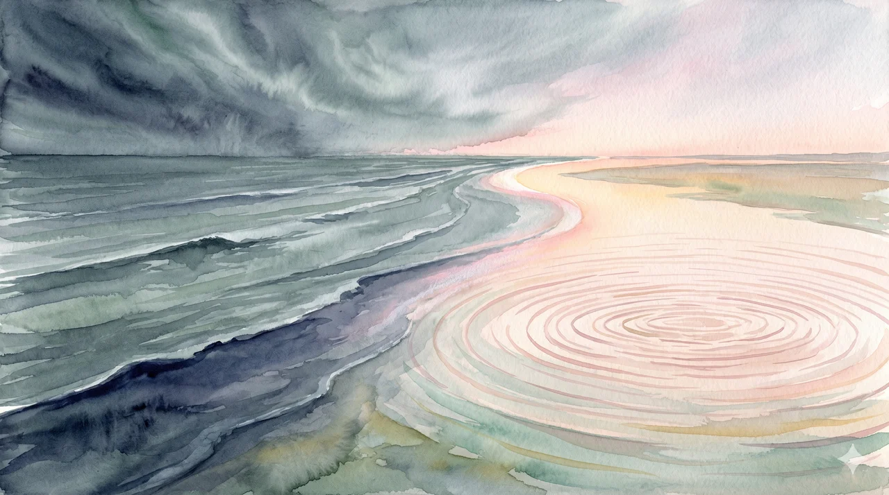 Stylized horizontal composition of a vast sea labeled with alien-invasion silhouettes receding to one side, while small ripples labeled with electoral-politics scenes spread on the other side, with a solitary observer figure standing on the shore between them