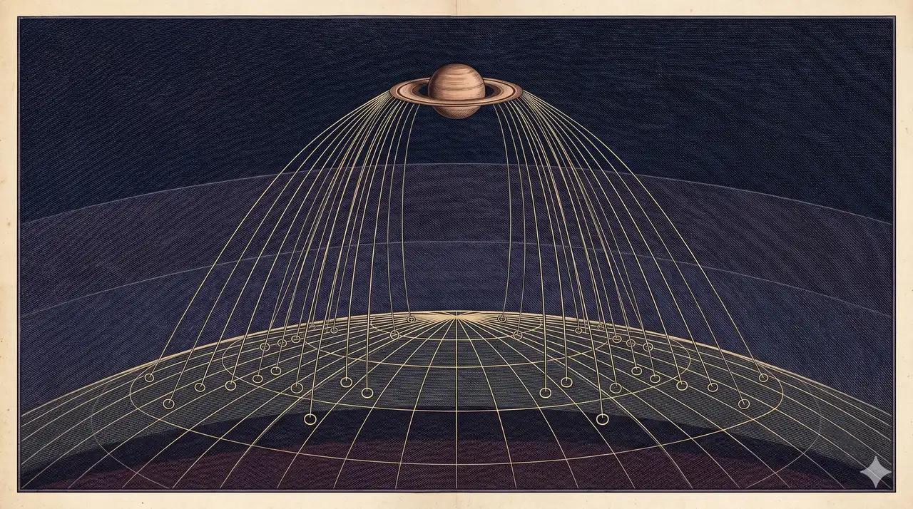 Stylized cosmological diagram of Saturn at top with luminous arcs flowing downward to forty to fifty marked locations across a globe, including Mojave desert, Iranian plateau, Tibetan plateau, and Atlantic coast points, each marked by a small bound figure inside a spinning ring
