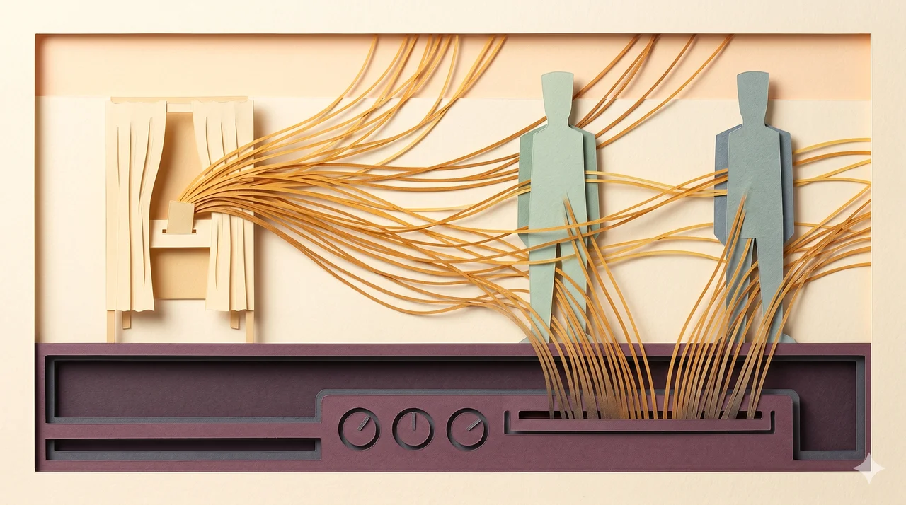 Countless thin golden threads flowing outward from a stylized voting booth toward distant abstract upright forms, and beneath them an ancient apparatus quietly drawing the threads downward into shadow