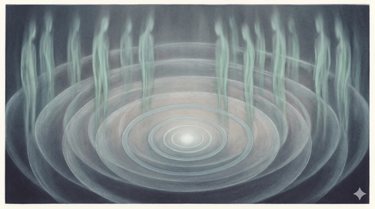 Silent frequency waves emanating from Earth's core and spreading outward across human silhouettes whose outlines blur into a soft haze