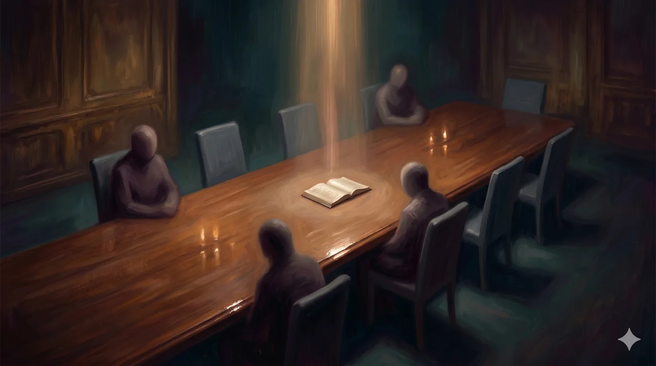 A long Saturday-evening table seen from above, only a few seats occupied, a faint vertical light beam descending toward the center of the table
