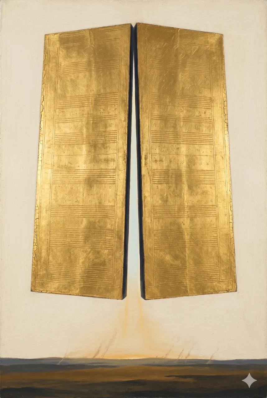 Vertical composition of a long, monumental cosmic gate slowly closing at dawn, with faint golden light bleeding across the terrestrial horizon below it, set against a midnight indigo backdrop