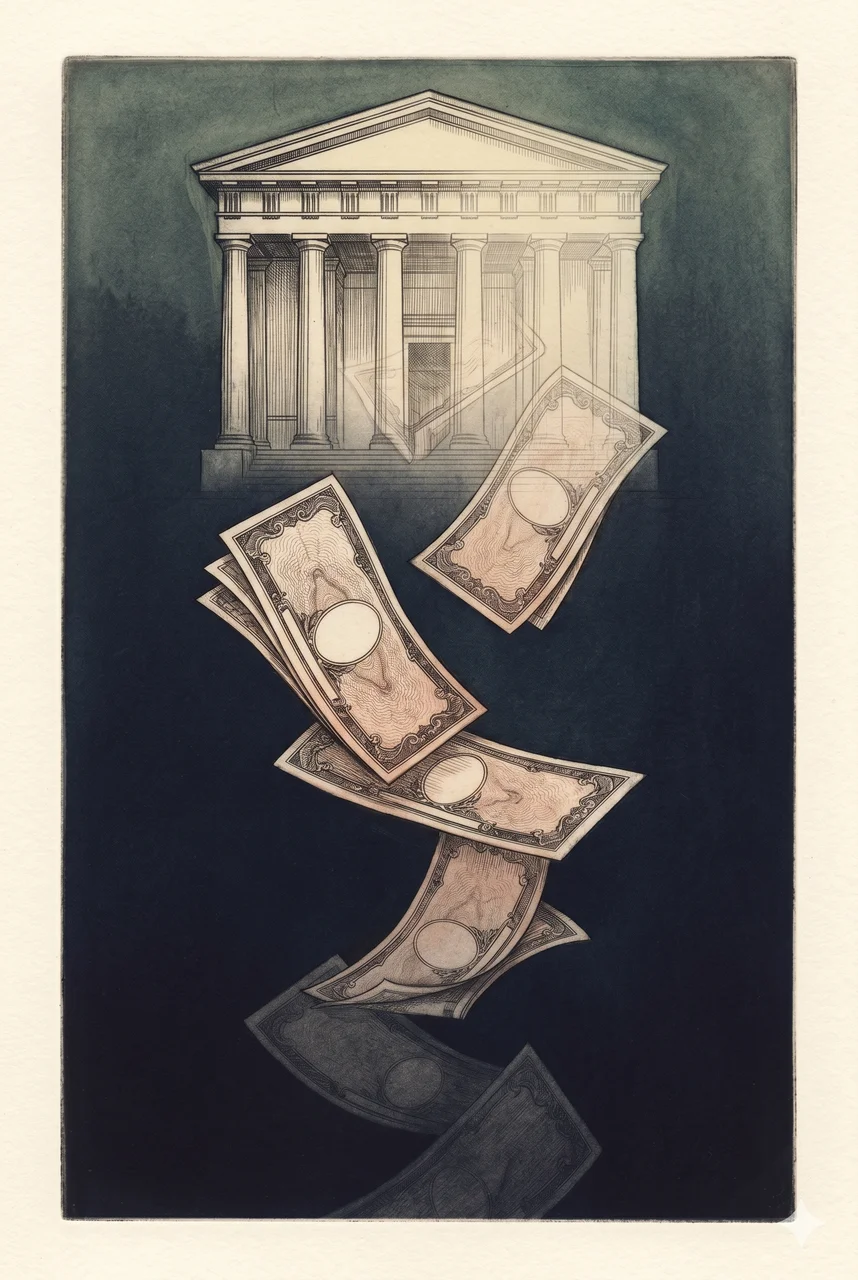 Vertical composition of a stylized mint building fading into translucent layers, with Federal Reserve Notes and government bond certificates drifting downward as paper fragments against a deep indigo backdrop