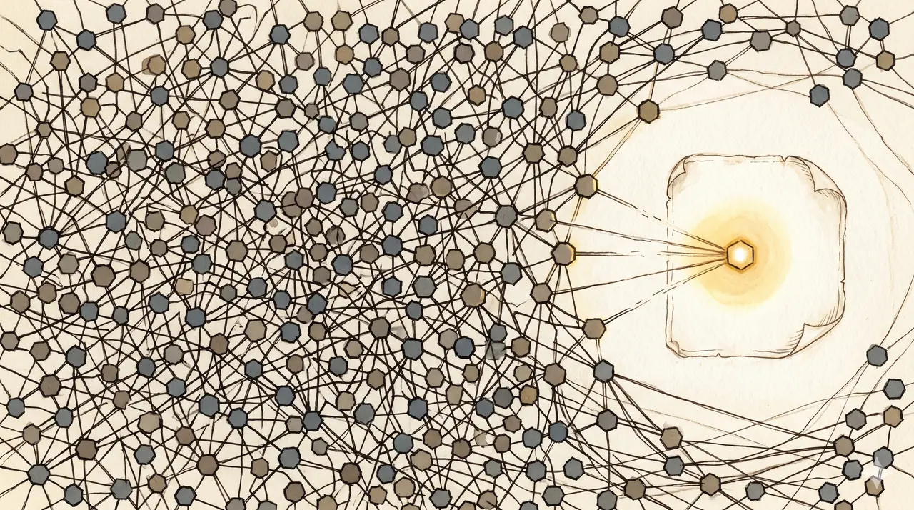 Stylized horizontal diagram of a tangled government bureaucracy network with most nodes rendered in muted greys, while one single node labeled Ways and Means Committee glows with grandfathered-license light, isolated from the rest of the structure