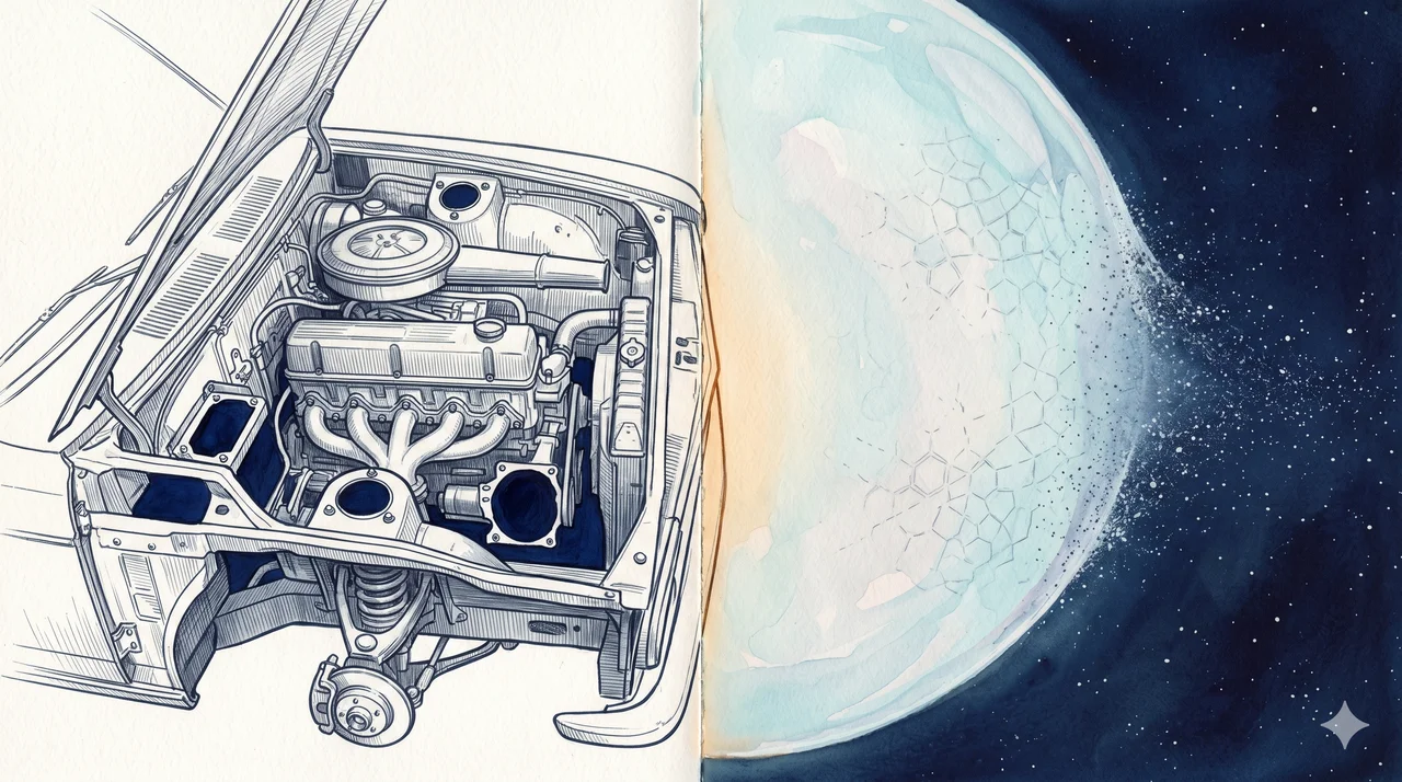 Stylized horizontal composition of an abstracted car engine cross-section with the battery, starter, and alternator drawn as faint outlines indicating they have been removed, leaving the engine compartment as a hollow chamber, while alongside it the last fragments of a translucent hologram dissolve quietly against a deep indigo backdrop