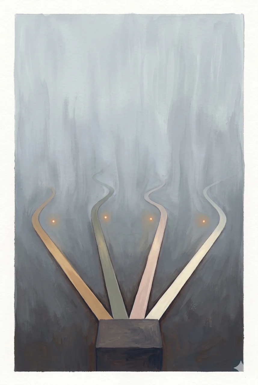 Vertical composition of four thin paths fading into a grayscale fog, each path heading in a slightly different direction with no visible destination, suggesting four unfunded futures running in parallel against a muted indigo backdrop