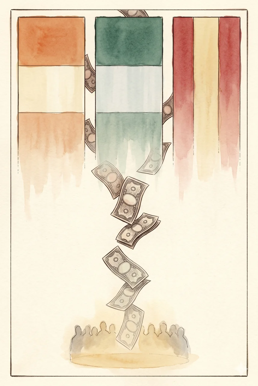 Vertical composition of three thin paper sheets, each suggesting a different national flag through muted color and weight, dissolving downward as paper fragments against a deep indigo backdrop, with the final fragment landing as a single curled bill