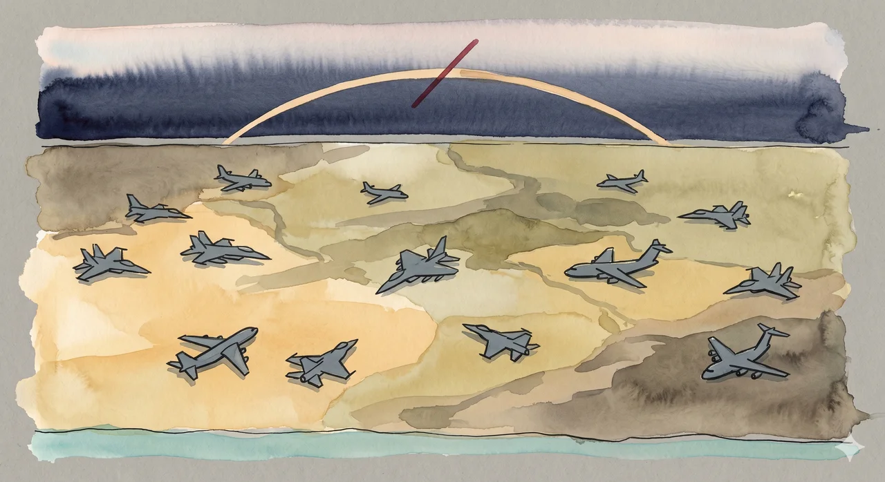 Stylized horizontal composition of a regional map suggesting the Middle East rendered in muted indigo, with the layered shadows of multiple fighter jets and cargo planes repositioning along an arcing sky pattern overhead, and a single cancelled flight ribbon crossing the upper register