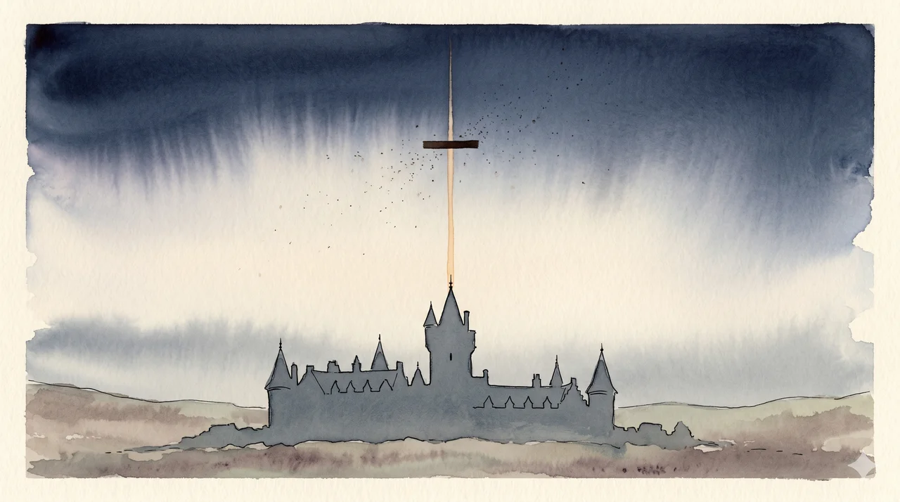 Stylized horizontal composition of Balmoral Castle silhouetted against a midnight indigo sky, with a single thin transmission line rising from the castle tower and quietly breaking off in mid-air, suggesting an unanswered channel and the operatives' absent presence beneath