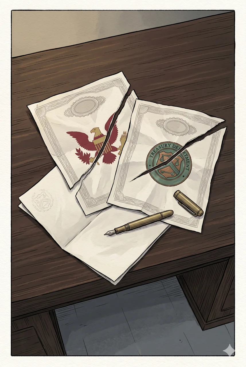 Vertical composition of unsigned diplomatic contracts scattered across a desk where an abstract Bank of America seal and an abstract Treasury seal overlap, with empty signature lines and faded ink suggesting three years of broken agreements, rendered against a deep midnight indigo backdrop