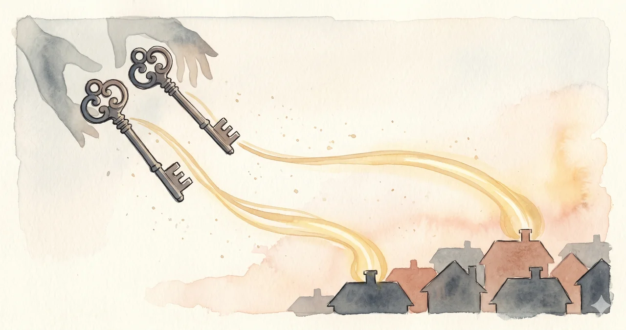Stylized horizontal composition of abstract key motifs slipping from a shadowy operative hand and descending as a trail of soft light toward a row of distant home silhouettes on the horizon, suggesting access being returned to ordinary households against a deep midnight indigo backdrop