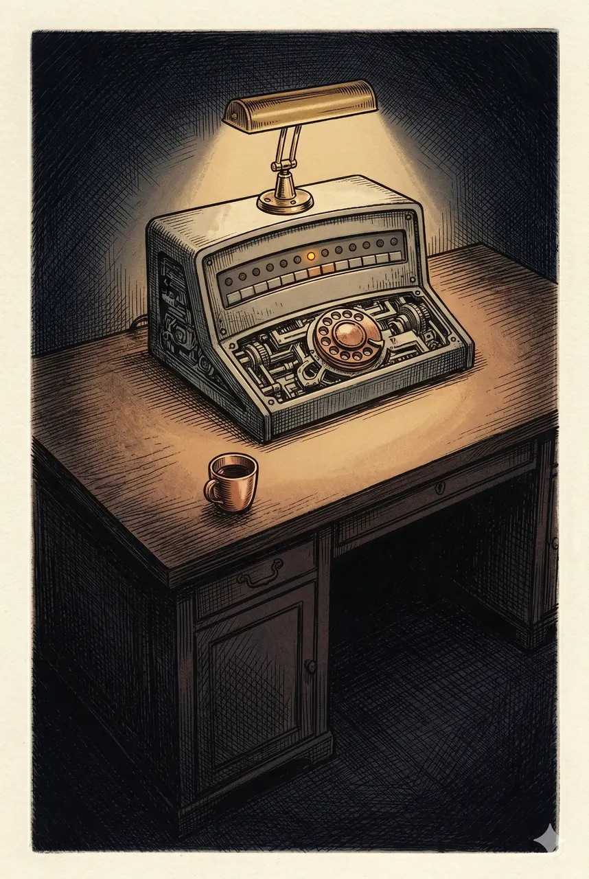 Vertical composition of an old metal diplomatic terminal blinking on a Treasury building desk in the dead of night, with the silhouette of a distant observer barely visible in the far background, suggesting a call that rings without an answer against a deep midnight indigo backdrop