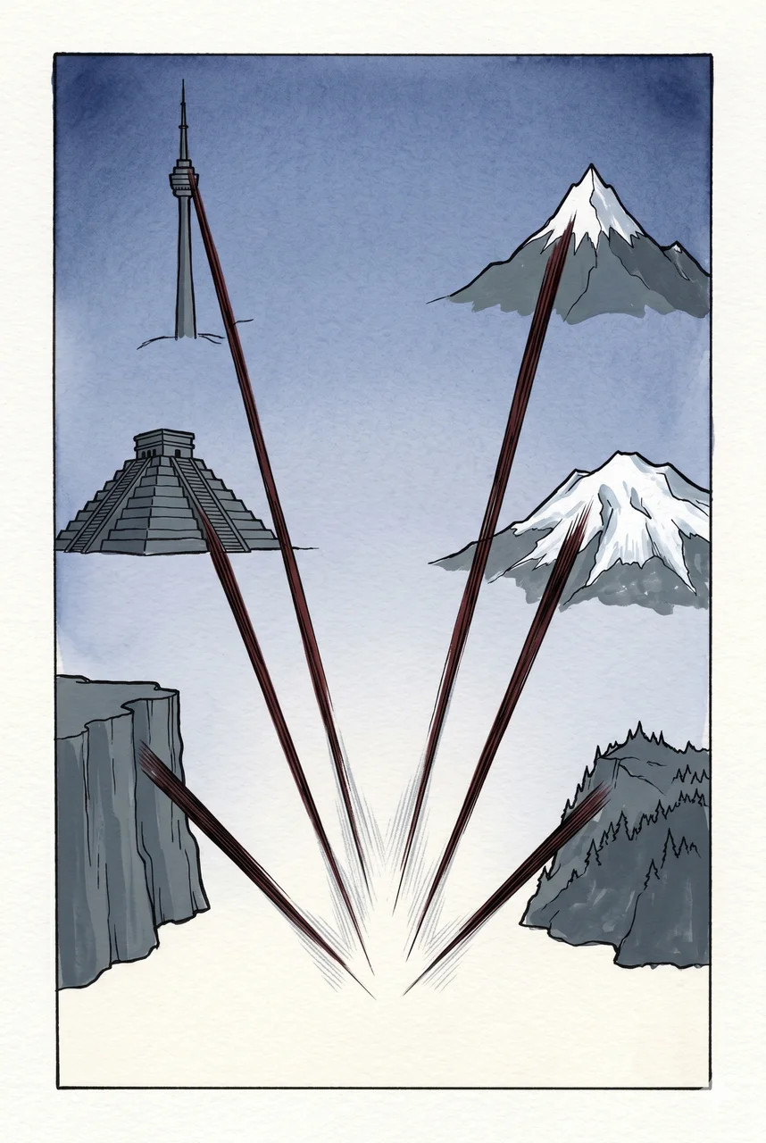 Vertical composition of six abstract facility silhouettes hovering over six geographic anchors representing Tokyo Tower, Mitre Peak, Plataforma de Venus, Cradle Mountain, Huayna Potosi, and White Top Mountain, with rotating directional vectors converging from each silhouette toward a single point in the foreground against a deep midnight indigo backdrop