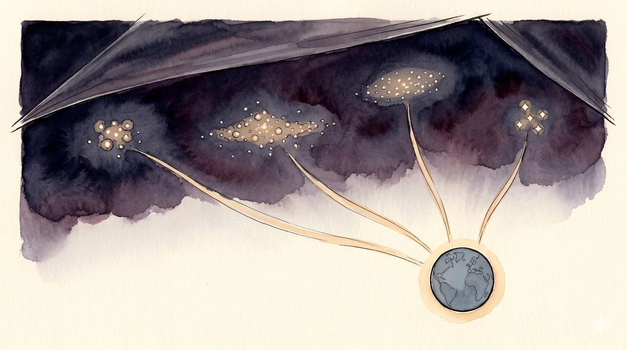 Stylized horizontal composition of constellations including the Pleiades, the Orion constellation, Andromeda, and Lyra emerging one by one from a dark veil against a deep midnight indigo sky, with flowing particles of soft light drifting downward toward a small Earth silhouette in the lower foreground, suggesting refugee beings relocating from contested regions of the universe