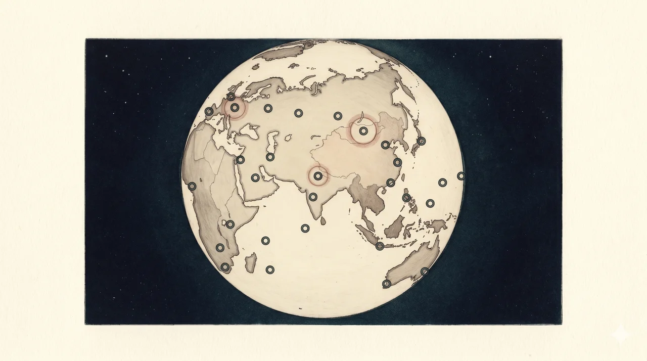 Stylized horizontal composition of an abstract globe outline against deep midnight indigo with thirty-six dimmed portal nodes scattered across the surface and three slightly brighter geographical anchors highlighting Matterhorn, Gobi Desert, and Silverton Colorado, the entire grid sitting in silence as if waiting for an activation that did not arrive