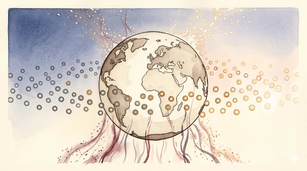 Stylized horizontal composition of an abstract globe outline against deep midnight indigo with a grid of portal nodes converting one by one into points of Source light, dark energy flows reversing upward and dissolving, and a faint psychic-attack net lifting from above the heads of human silhouettes on the surface below